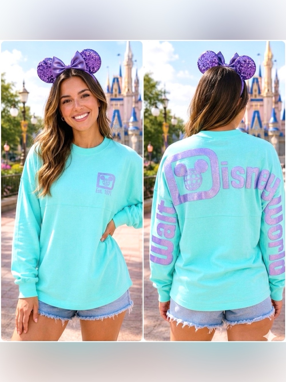 NWT Walt Disney World Spirit Jersey Seafoam Green Lavender Glitter Puff Print S